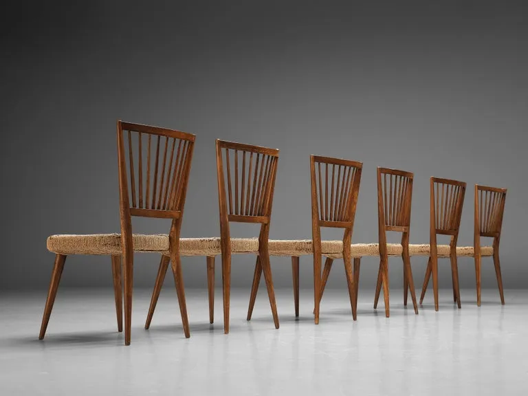 Italian Set of Six Dining Chairs in Oak and Wicker Braided Straw