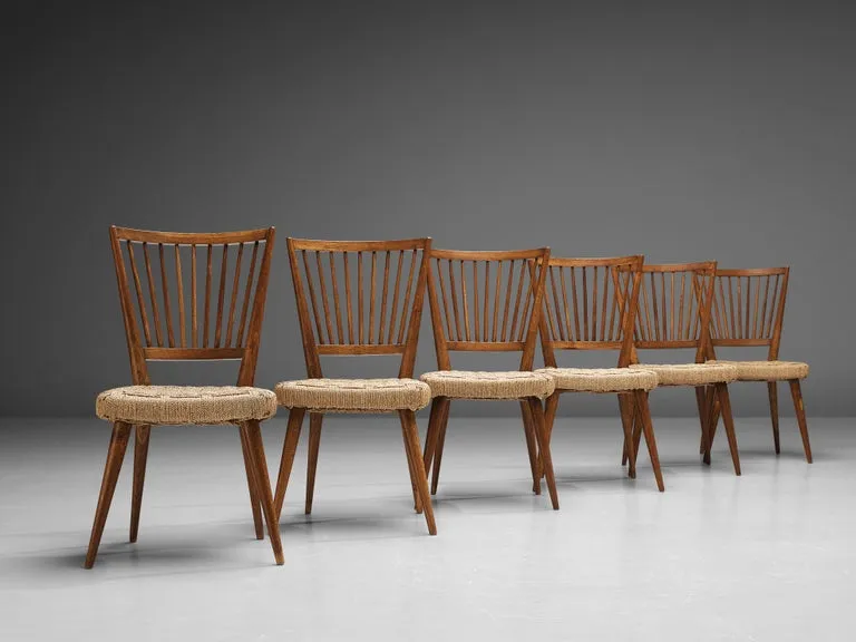 Italian Set of Six Dining Chairs in Oak and Wicker Braided Straw