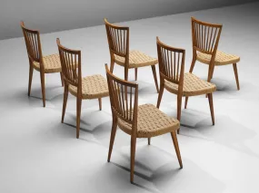 Italian Set of Six Dining Chairs in Oak and Wicker Braided Straw