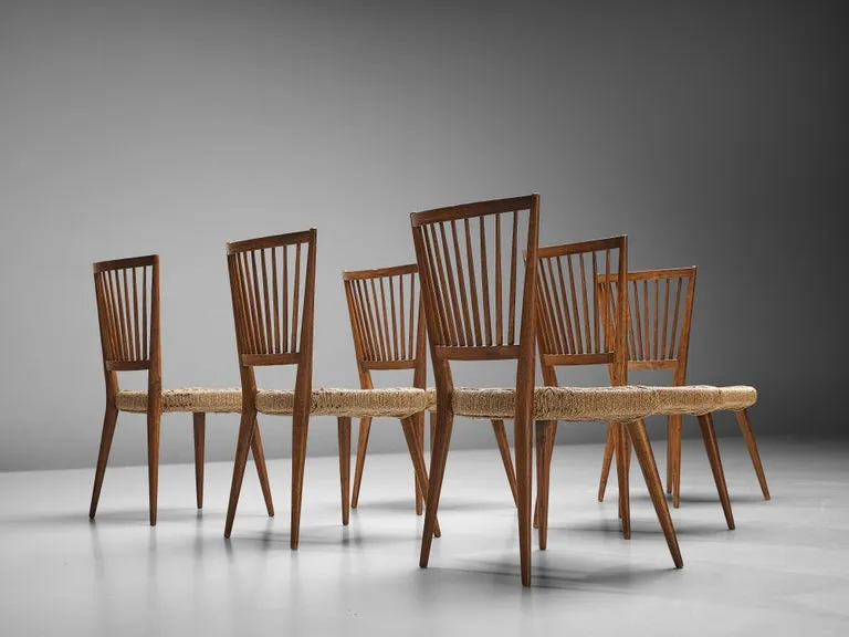 Italian Set of Six Dining Chairs in Oak and Wicker Braided Straw