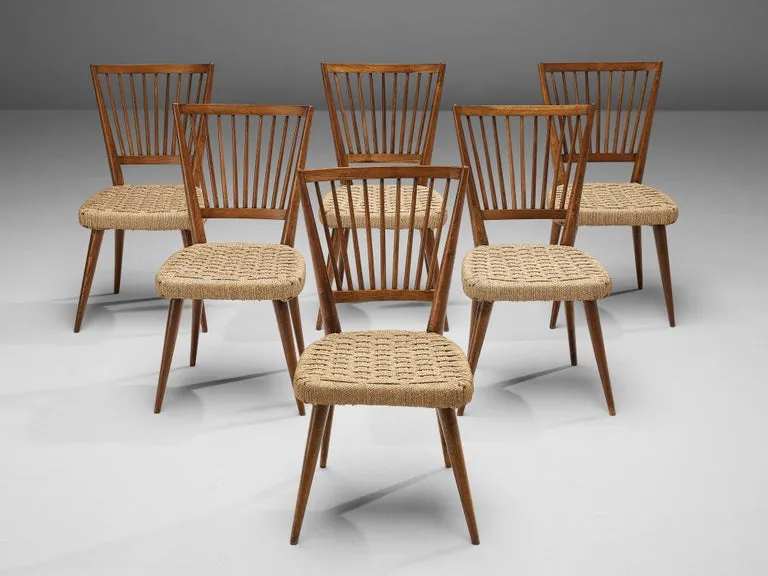 Italian Set of Six Dining Chairs in Oak and Wicker Braided Straw