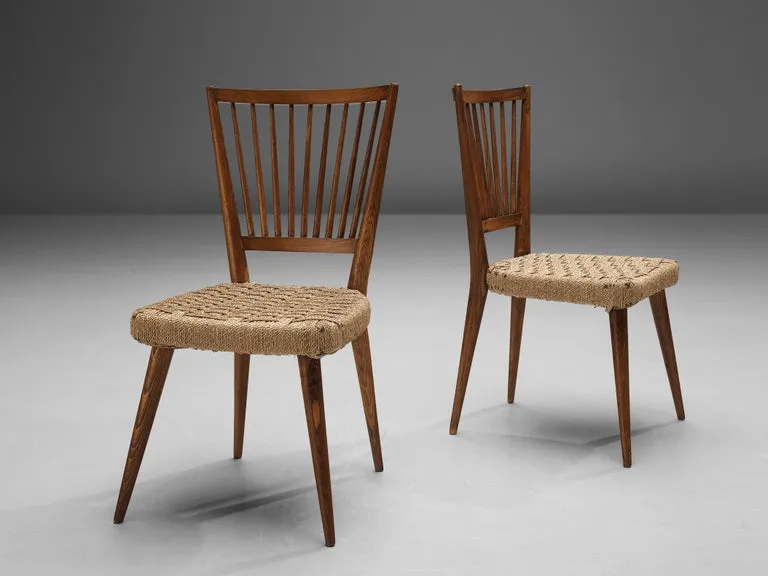 Italian Set of Six Dining Chairs in Oak and Wicker Braided Straw