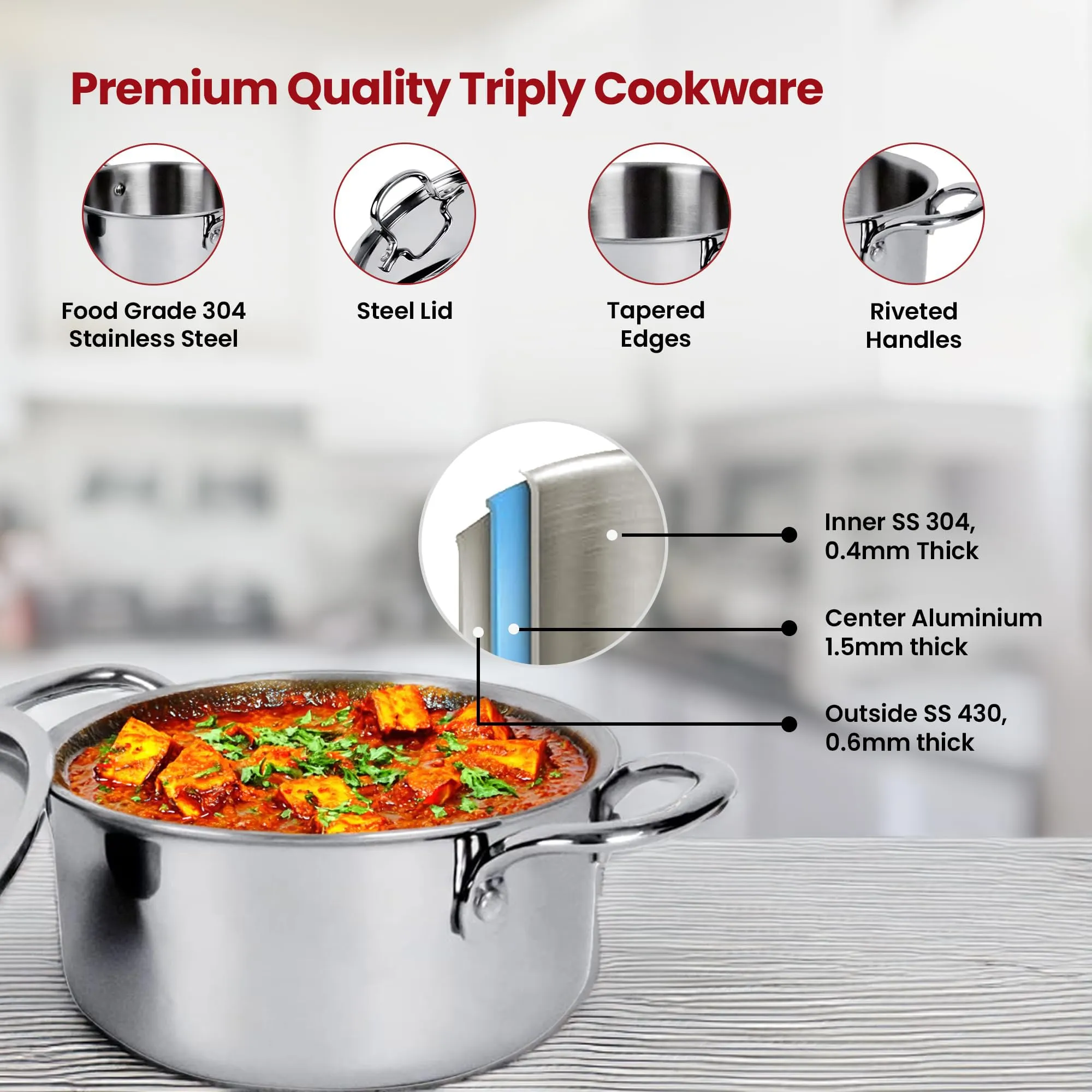 Kuber Industries 3L Stainless Steel Tope Set/Vessels for Cooking with Lid & Handle | Induction Safe Heavy Duty Gauge Boiling & Cooking Patila/Topiya/Bhagona Steel Utensils | Silver