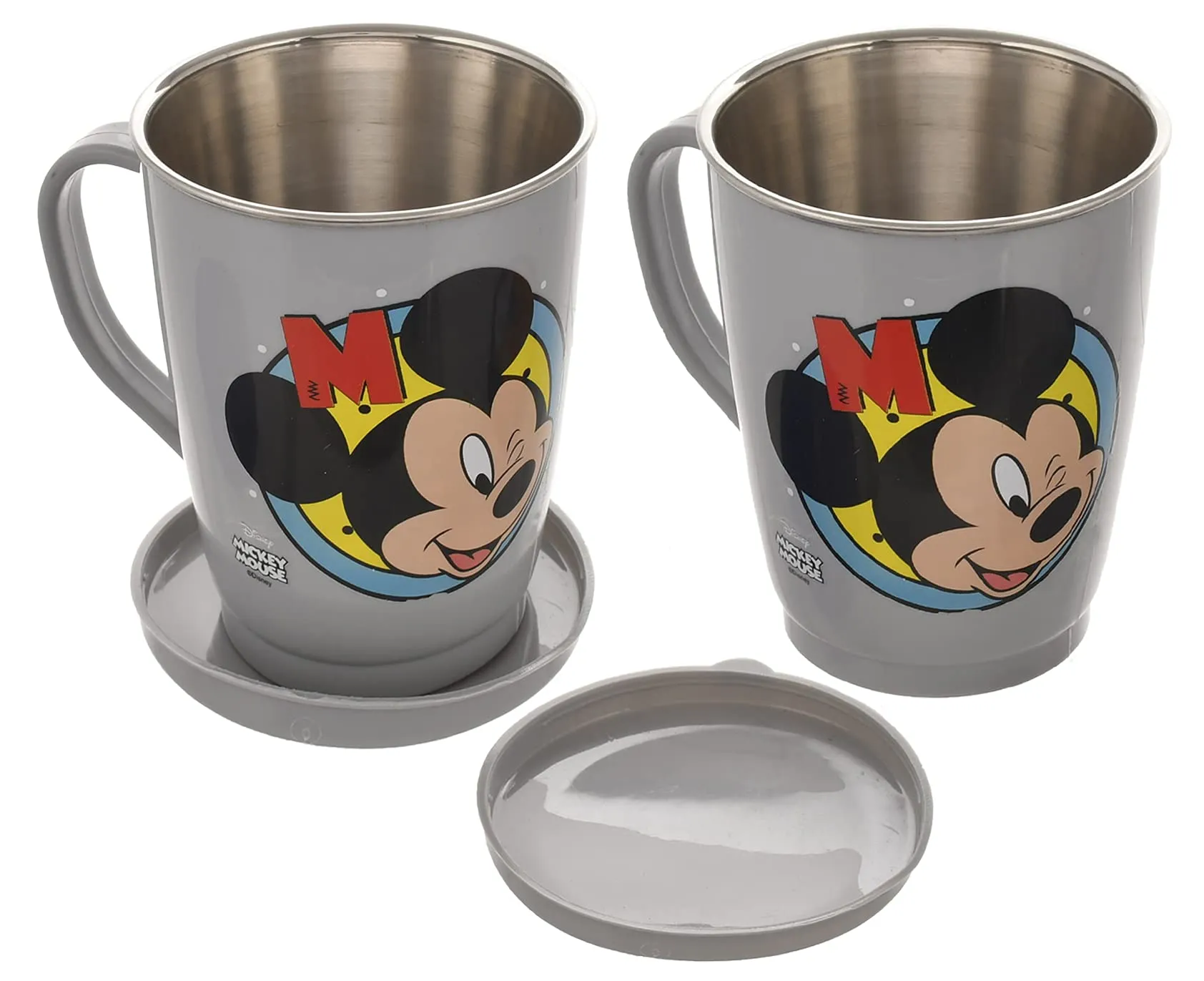 Kuber Industries Mickey Face Printed Food Grade BPA Free Tea/Coffee Mug for Coffee Tea Cocoa, Camping Mugs with Lid, Pack of 2 (Light Grey), Standard