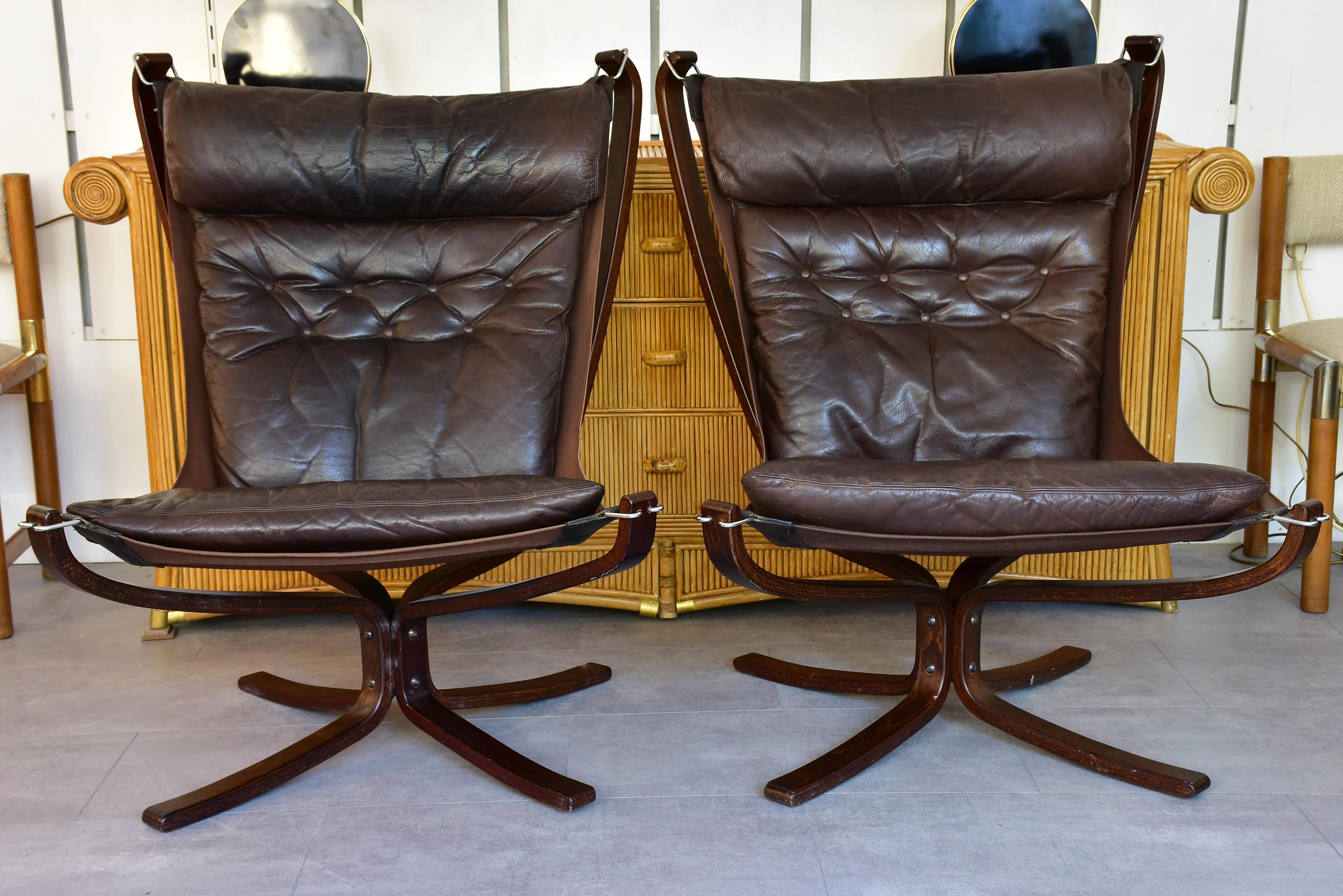 Large pair of Norwegian Falcon chairs attributed to Sigurd Ressell