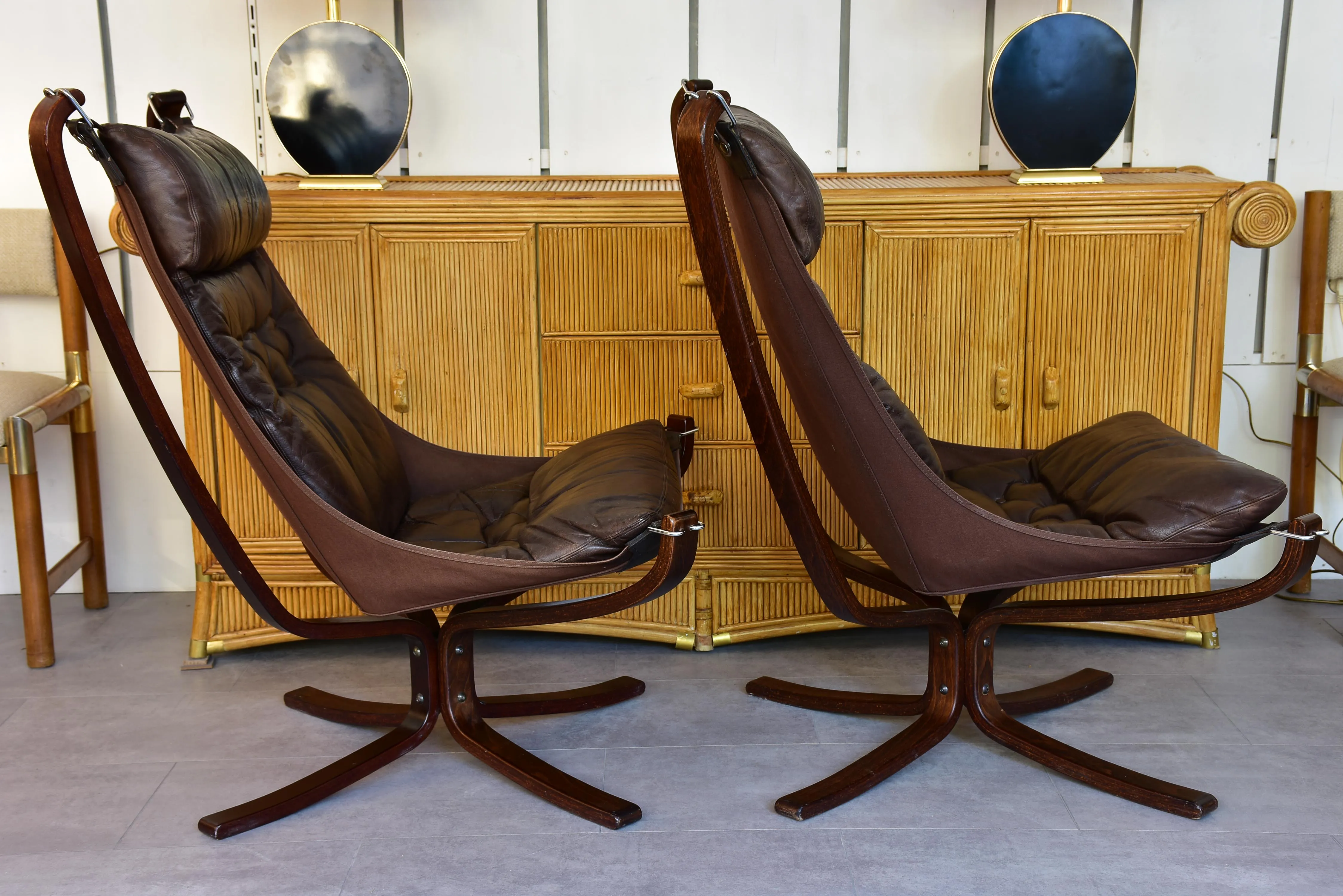 Large pair of Norwegian Falcon chairs attributed to Sigurd Ressell