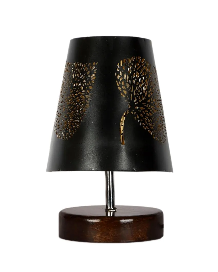 Leaf Metal Etching Table Lamp With Brown Wood Round Base | 6 x 8 inches