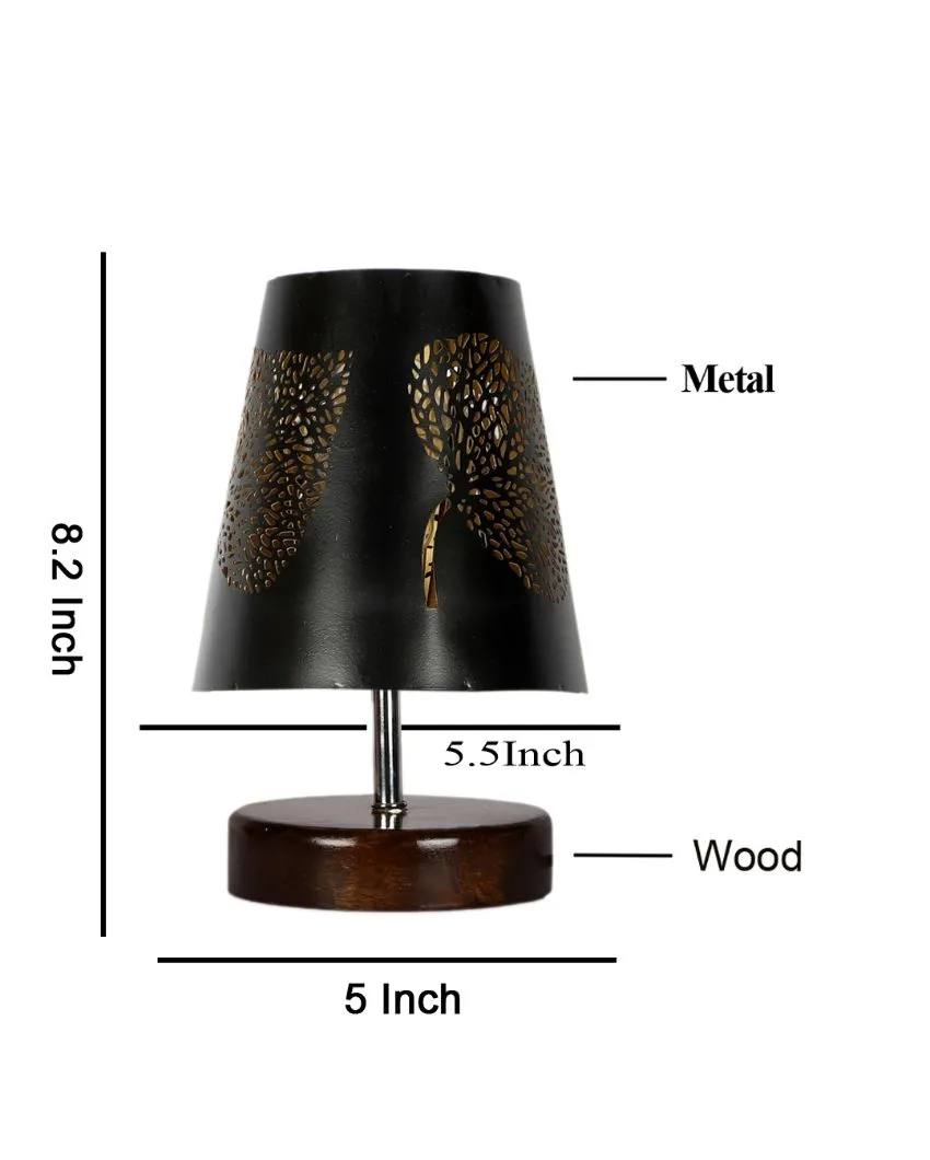 Leaf Metal Etching Table Lamp With Brown Wood Round Base | 6 x 8 inches