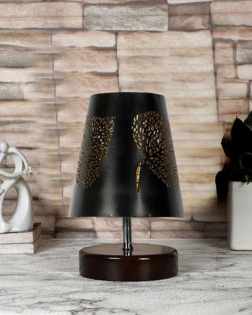 Leaf Metal Etching Table Lamp With Brown Wood Round Base | 6 x 8 inches