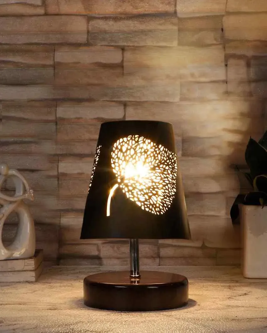 Leaf Metal Etching Table Lamp With Brown Wood Round Base | 6 x 8 inches