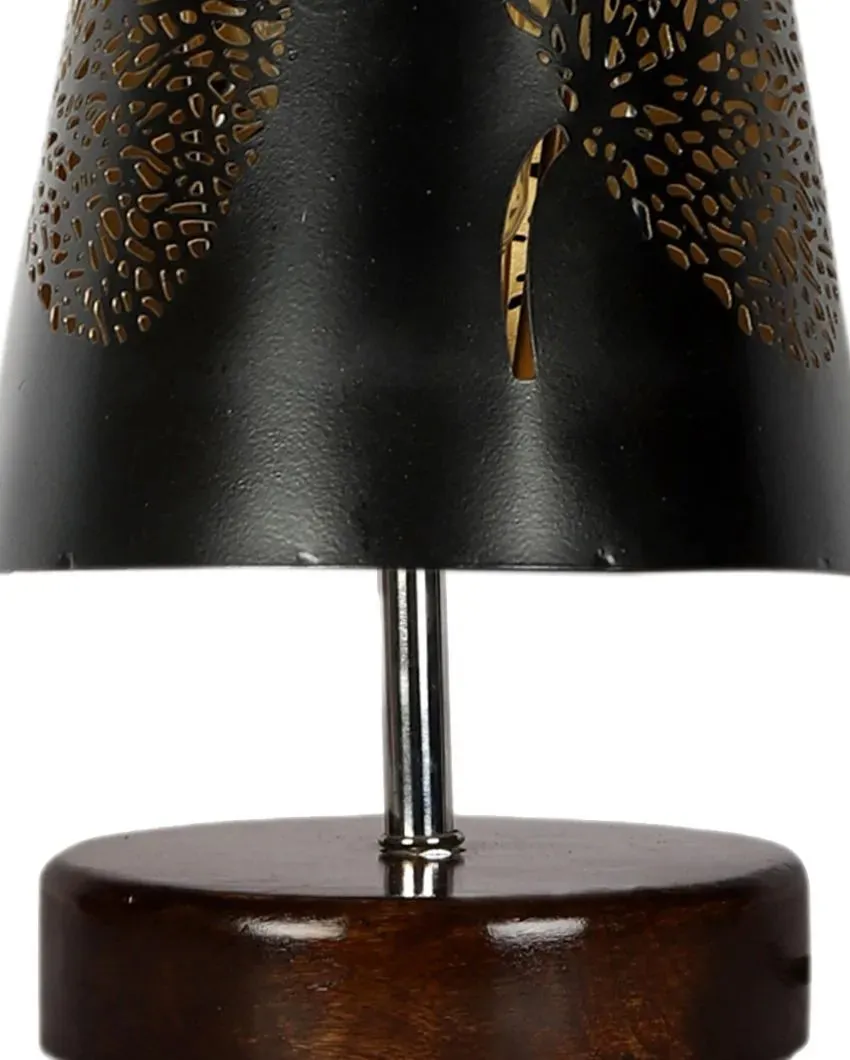 Leaf Metal Etching Table Lamp With Brown Wood Round Base | 6 x 8 inches