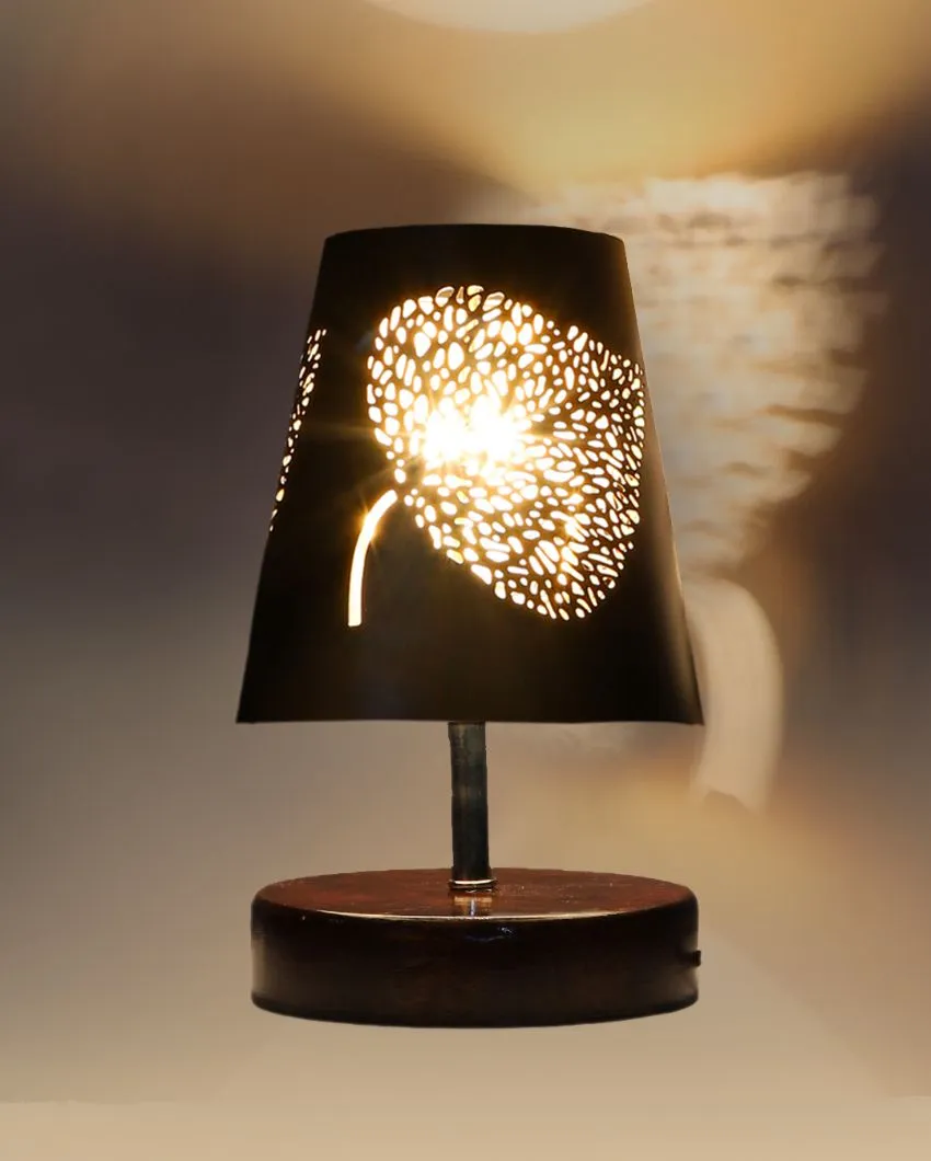 Leaf Metal Etching Table Lamp With Brown Wood Round Base | 6 x 8 inches