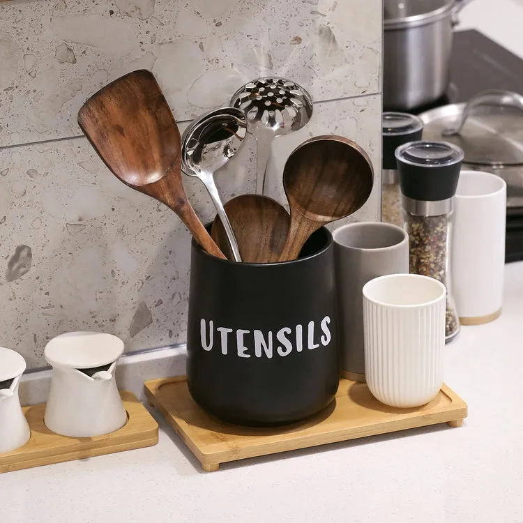 Matte Black Ceramic Kitchen Crock Cooking Utensil Holder with White UTENSILS Stenciled Print