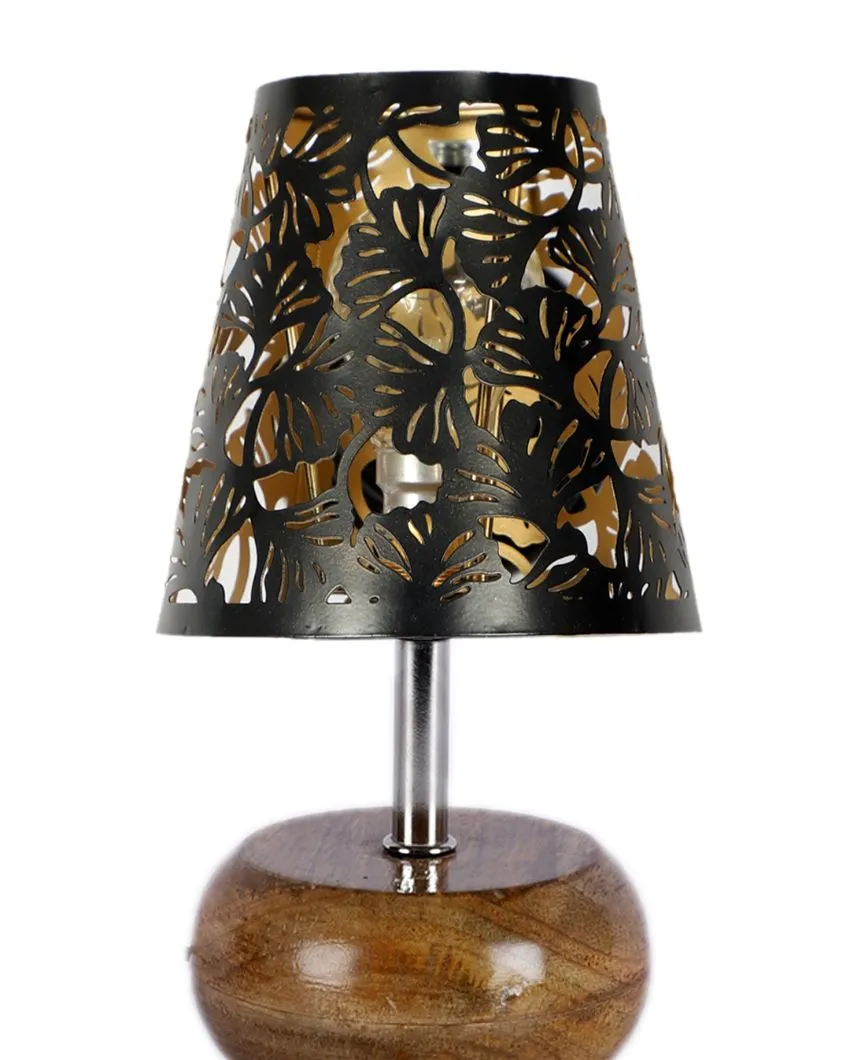 Metal Etching Table Lamp With Natural Wood Hemisphere Round Base | 6 x 8 inches