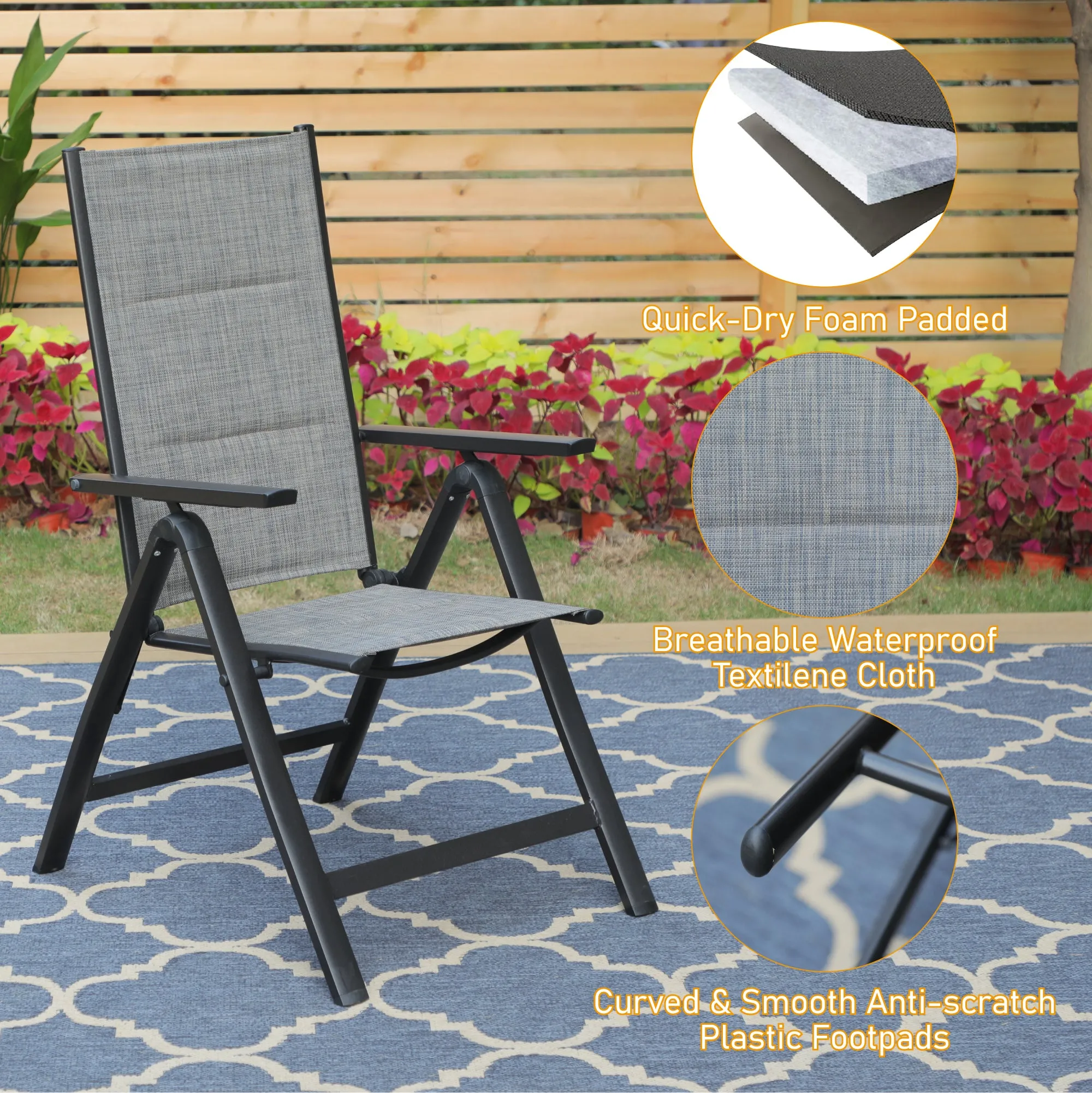 MFSTUDIO Pre-assembled Patio Padded Textilene Foldable Chairs, Set of 2