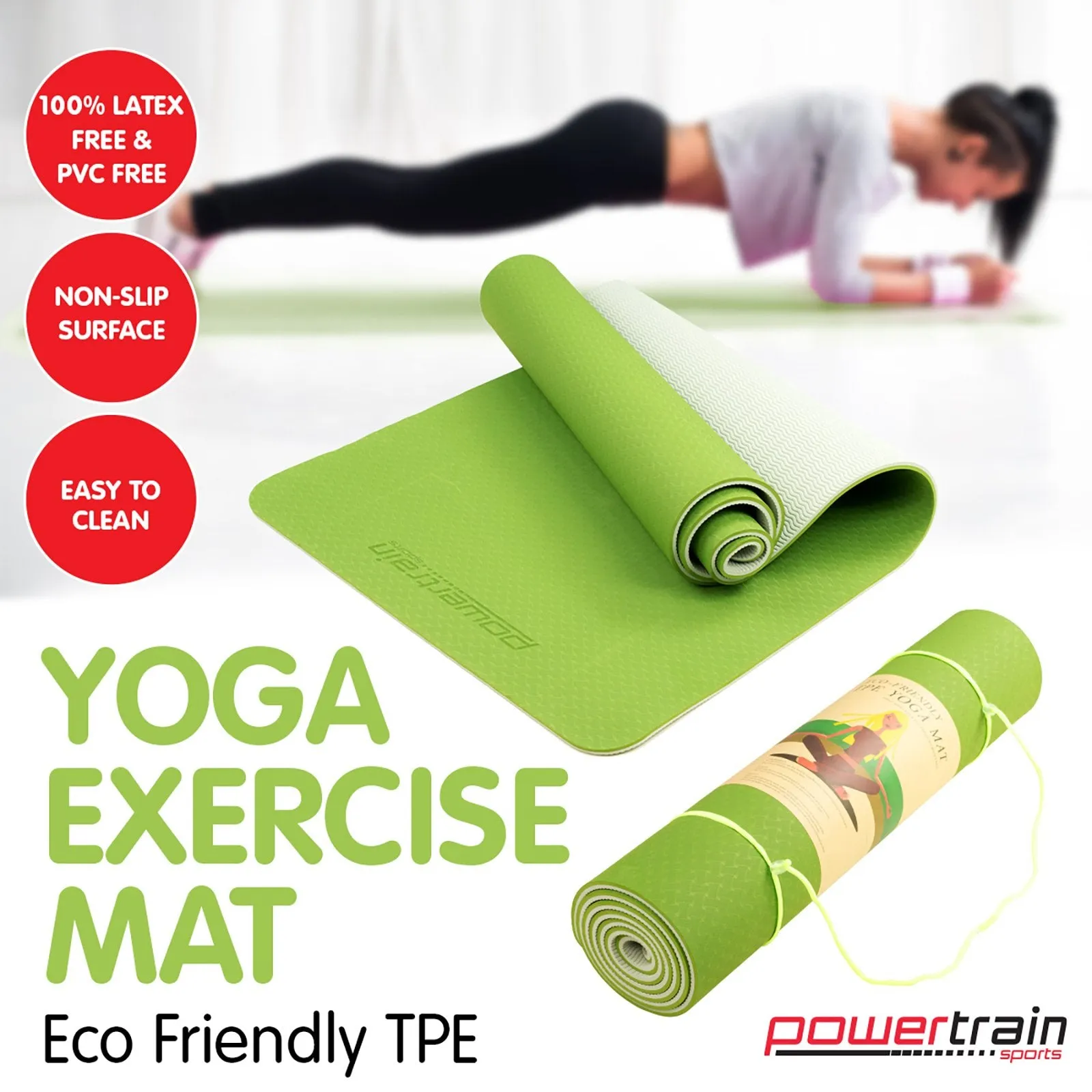 Powertrain TPE Pilates Exercise Yoga Mat 8mm - Green