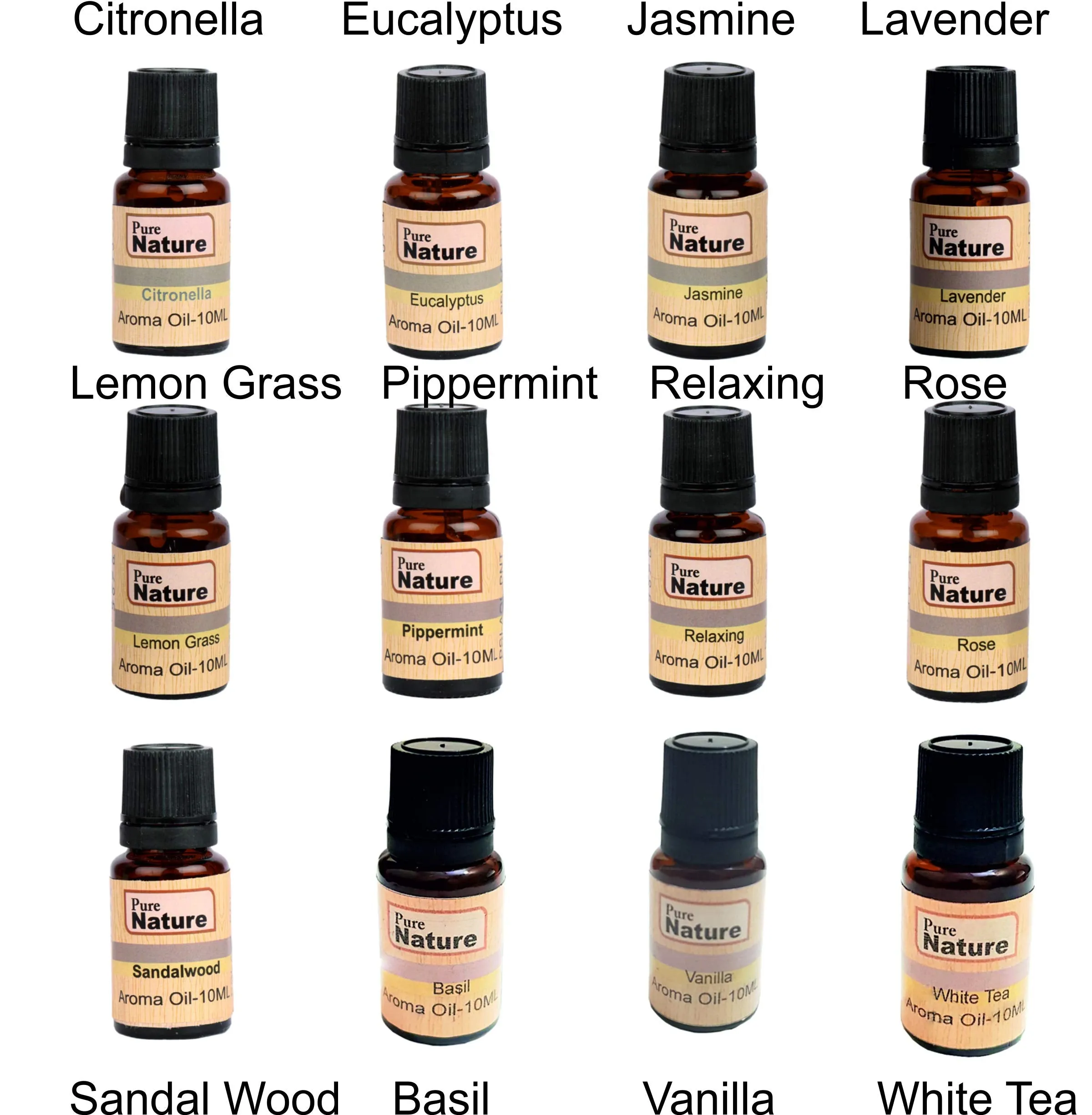 Pure Source India 12 In One aroma oil pack (Lemon Grass, Lavender, Jasmine, Rose, Citronella, Eucalyptus, Peppermint,Sandal Wood, Relaxing,Vanilla,White Tea & Basil 10 ML each)