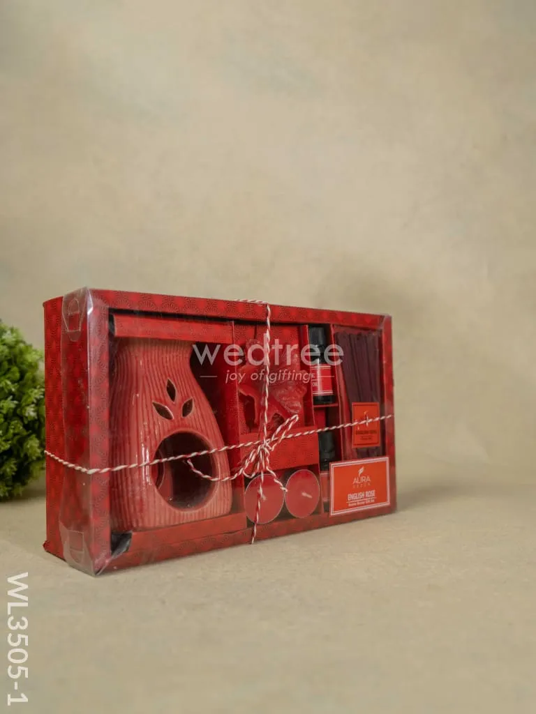 Red Pottery Diffuser Candle Holder with Rose Oil and Incense Sticks - WL3505-1