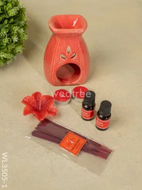 Red Pottery Diffuser Candle Holder with Rose Oil and Incense Sticks - WL3505-1