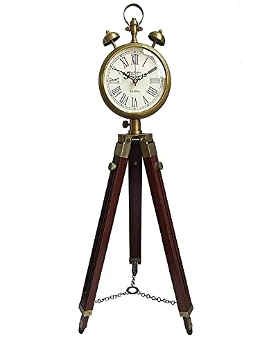 Sahib Enterprises Wooden and Brass Antique Metal Tripod Floor Analog Clock with Stand Two Bell Prop Roman Number for Home Living Room Hall & Office Décor Handicraft Gifts Item