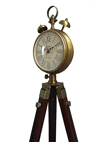 Sahib Enterprises Wooden and Brass Antique Metal Tripod Floor Analog Clock with Stand Two Bell Prop Roman Number for Home Living Room Hall & Office Décor Handicraft Gifts Item