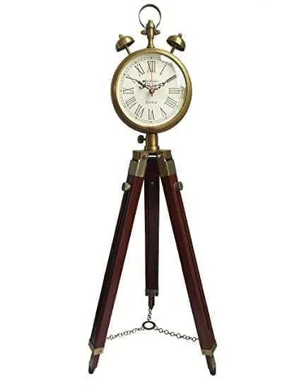 Sahib Enterprises Wooden and Brass Antique Metal Tripod Floor Analog Clock with Stand Two Bell Prop Roman Number for Home Living Room Hall & Office Décor Handicraft Gifts Item