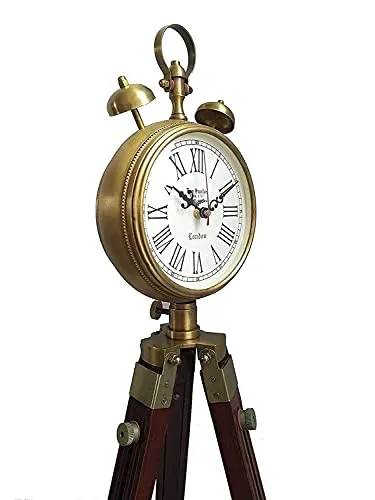 Sahib Enterprises Wooden and Brass Antique Metal Tripod Floor Analog Clock with Stand Two Bell Prop Roman Number for Home Living Room Hall & Office Décor Handicraft Gifts Item