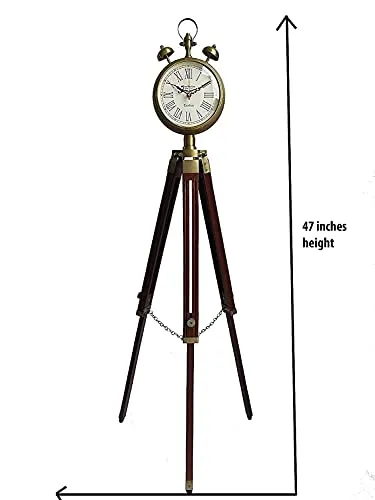 Sahib Enterprises Wooden and Brass Antique Metal Tripod Floor Analog Clock with Stand Two Bell Prop Roman Number for Home Living Room Hall & Office Décor Handicraft Gifts Item