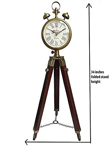 Sahib Enterprises Wooden and Brass Antique Metal Tripod Floor Analog Clock with Stand Two Bell Prop Roman Number for Home Living Room Hall & Office Décor Handicraft Gifts Item