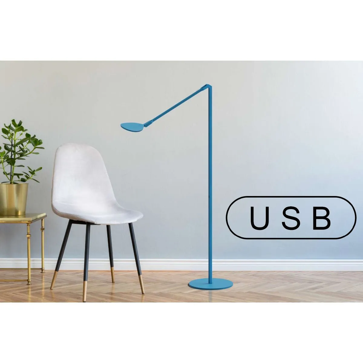 Splitty Matte Pacific Blue Contemporary LED Floor Lamp with USB Port