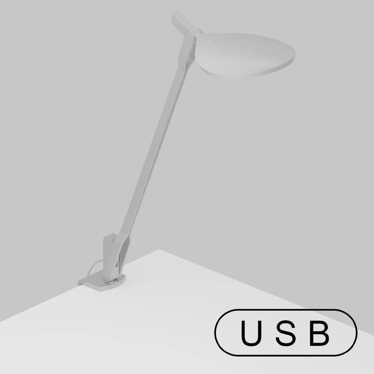 Splitty Silver Contemporary LED Desk Lamp with Two-Piece Desk Clamp and USB Port