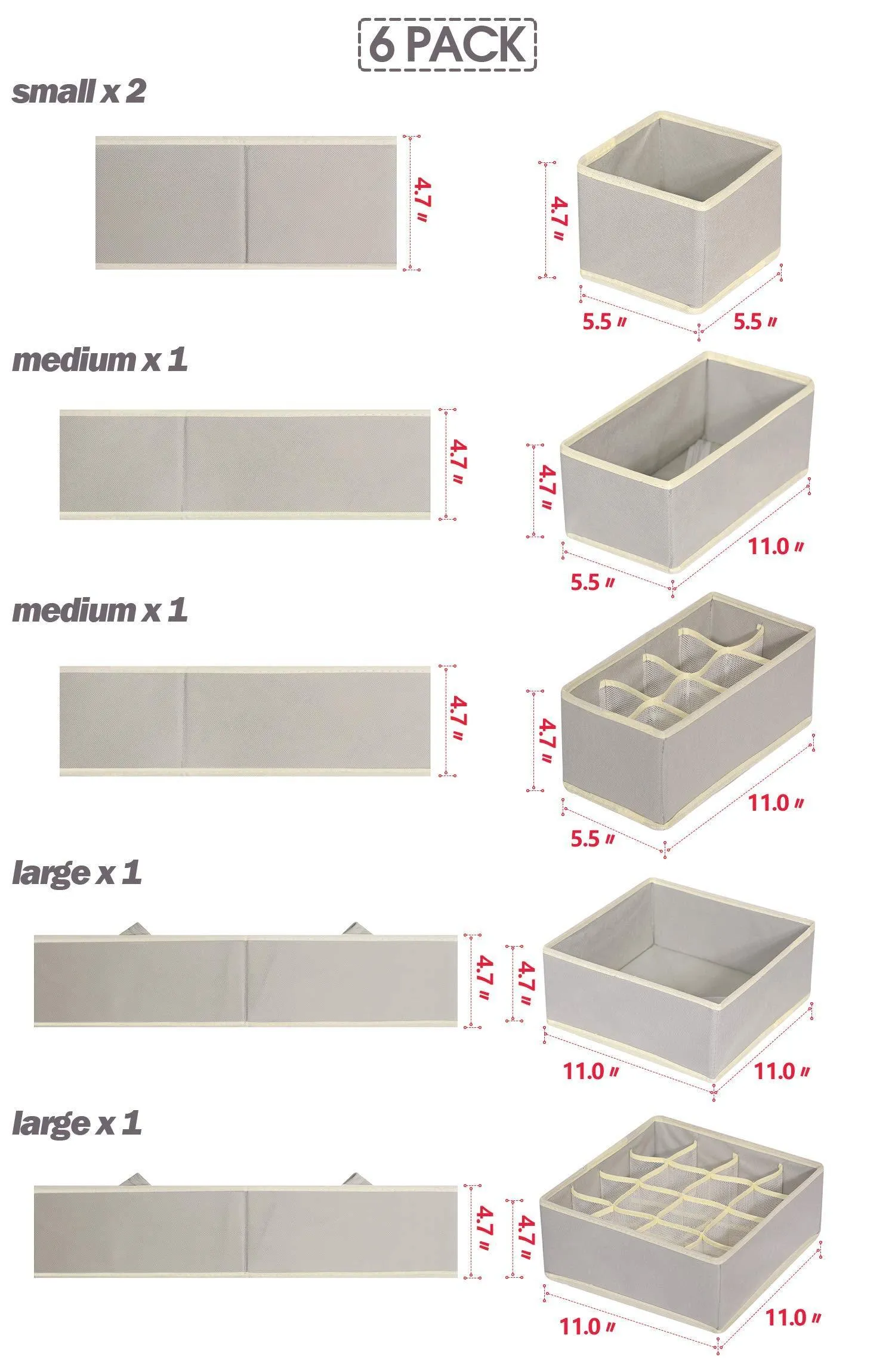 TENABORT 6 Pack Foldable Drawer Organizer Dividers Cloth Storage Box Closet Dresser Organizer Cube Fabric Containers Basket Bins for Underwear Bras Socks Panties Lingeries Nursery Baby Clothes Gray