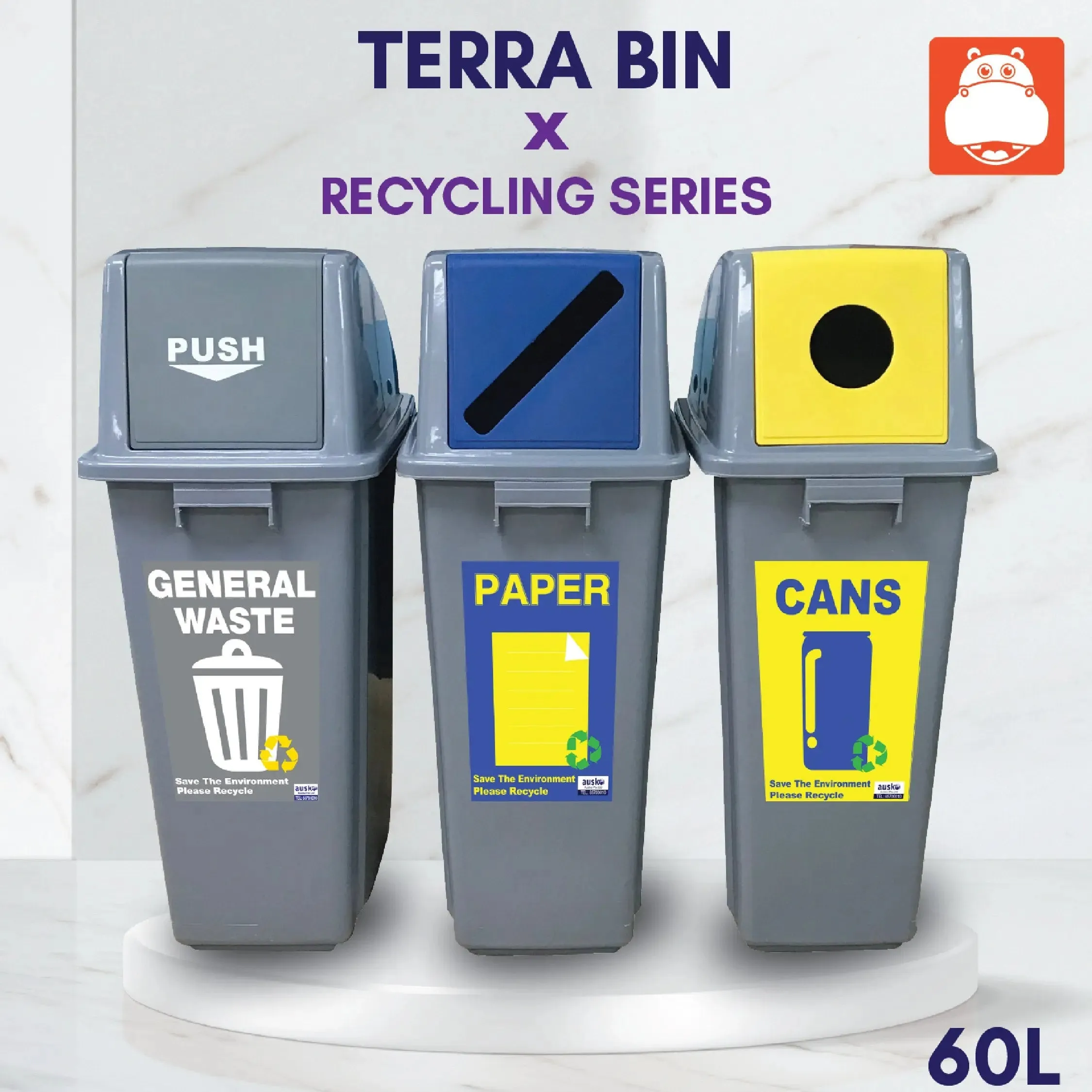 TERRA TSB-1 Slim Bin | 60L Recycling and Waste Bin | Space-Saving Trash Can with Recycling Option | Eco-Friendly Waste Solution