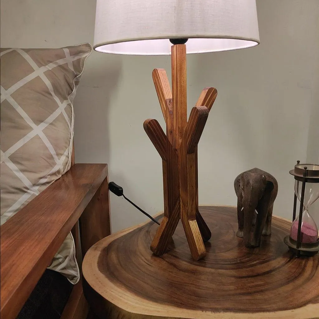 Vrikshya Wooden Table Lamp with Brown Base and Premium White Fabric Lampshade (BULB NOT INCLUDED)