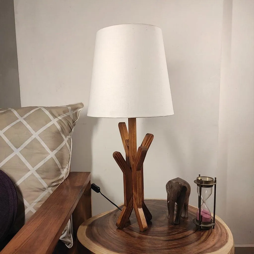 Vrikshya Wooden Table Lamp with Brown Base and Premium White Fabric Lampshade (BULB NOT INCLUDED)