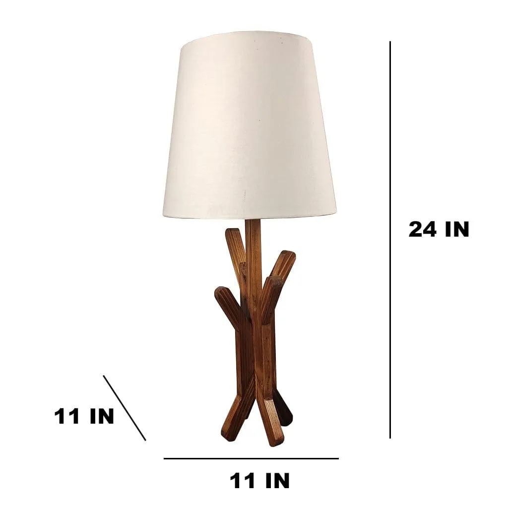 Vrikshya Wooden Table Lamp with Brown Base and Premium White Fabric Lampshade (BULB NOT INCLUDED)