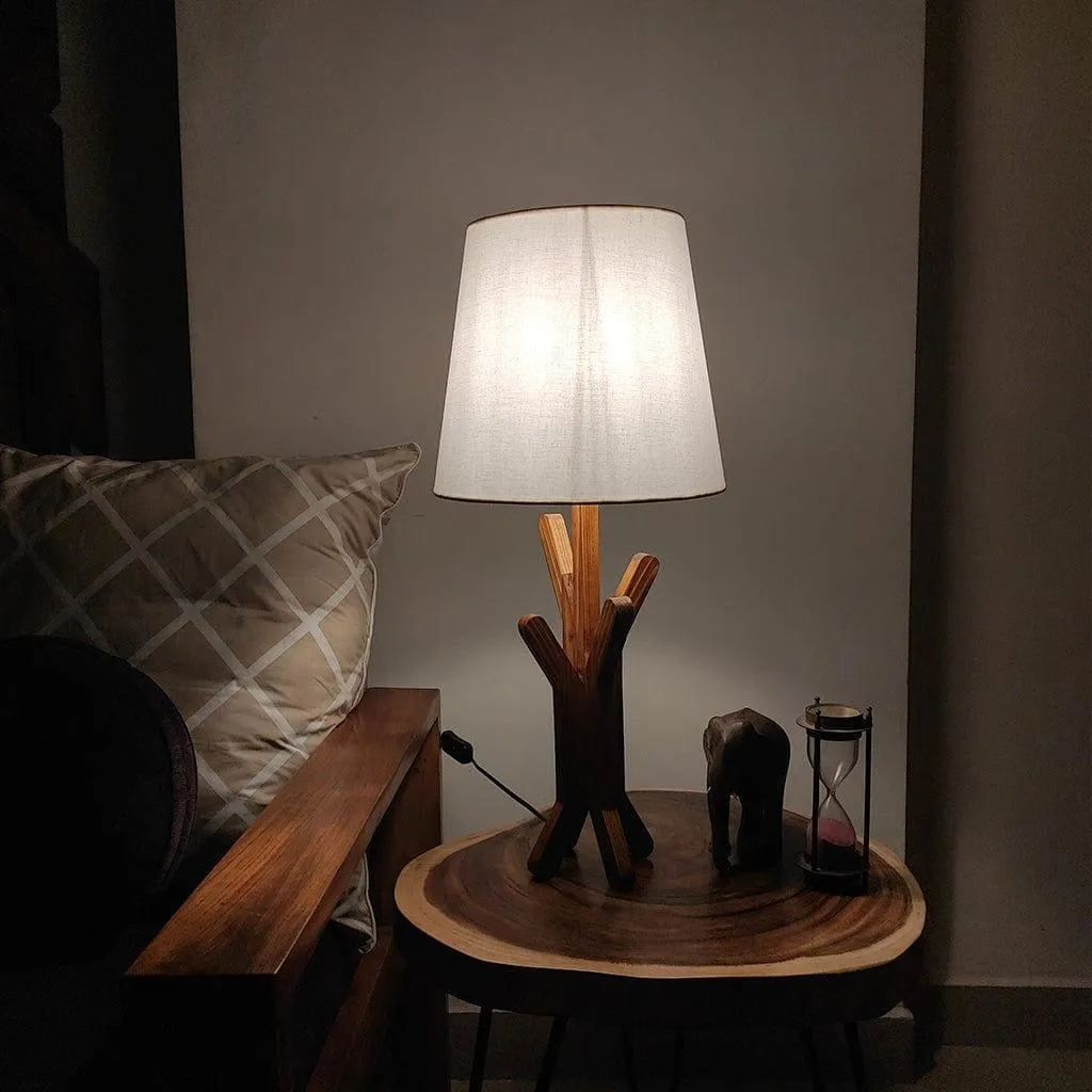 Vrikshya Wooden Table Lamp with Brown Base and Premium White Fabric Lampshade (BULB NOT INCLUDED)