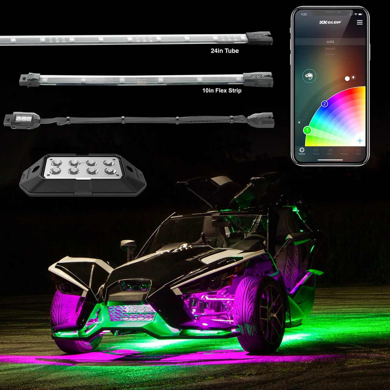 XKGlow LED Underglow Light Kit (Polaris Slingshot) w/ XKCHROME Smartphone App Controller - Standard or Advance